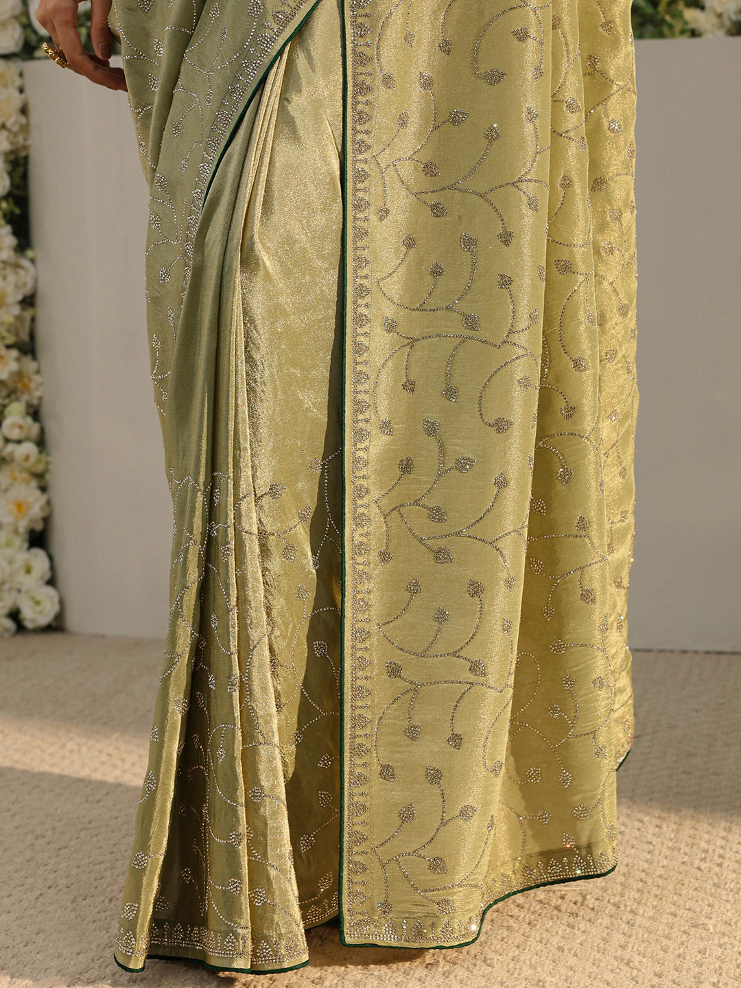  Libas Art Green Embellished Tissue Saree With Unstitched Blouse Piece 