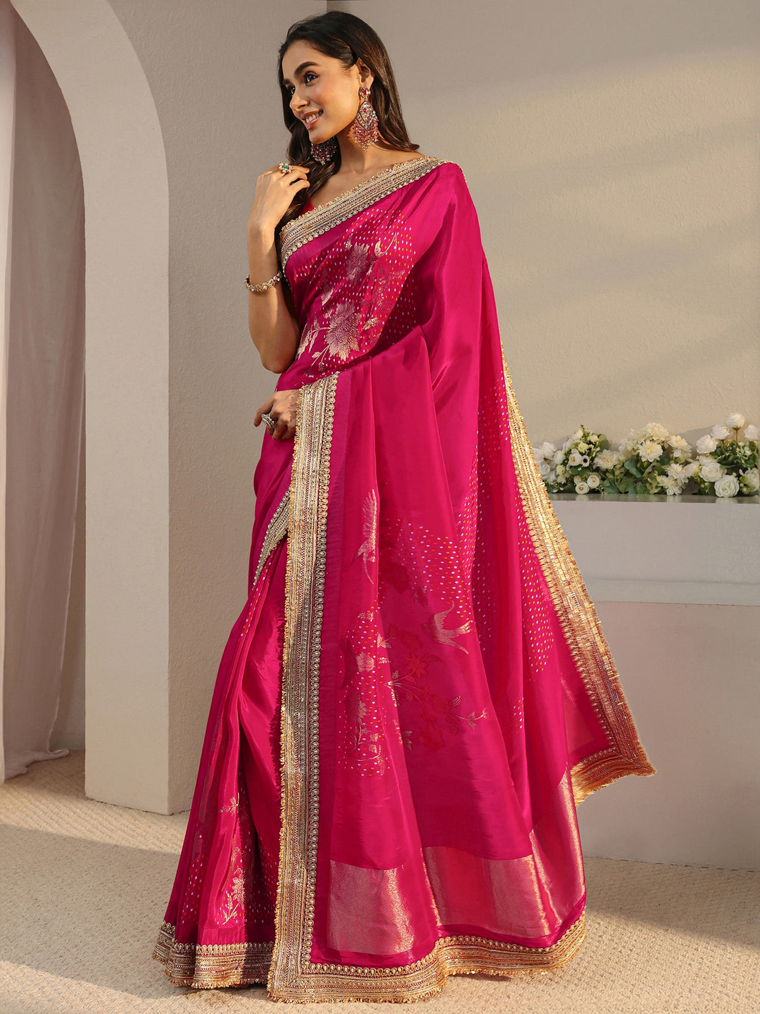  Libas Art Pink Floral Woven Design Satin Saree With Unstitched Blouse Piece 