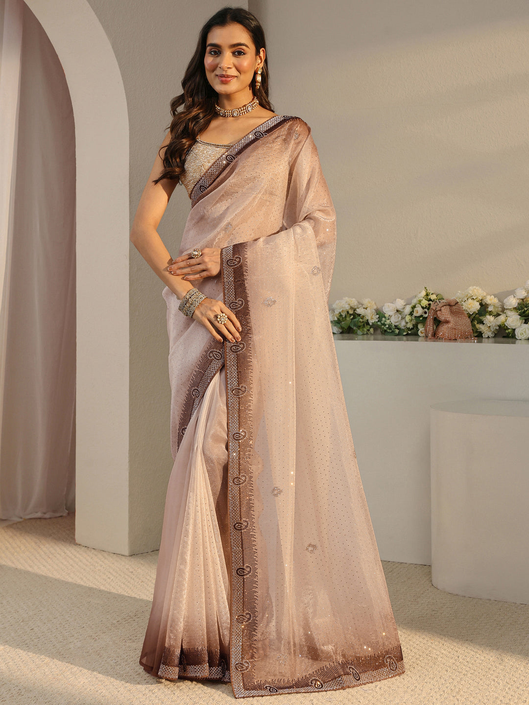  Libas Art Taupe Paisley Embellished Tissue Saree With Unstitched Blouse Piece 