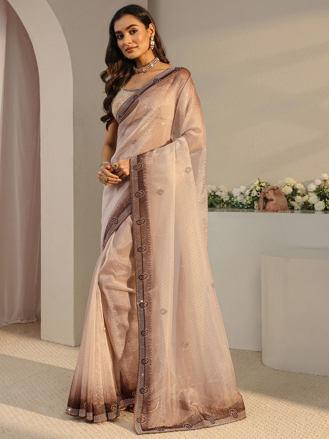  Libas Art Taupe Paisley Embellished Tissue Saree With Unstitched Blouse Piece 