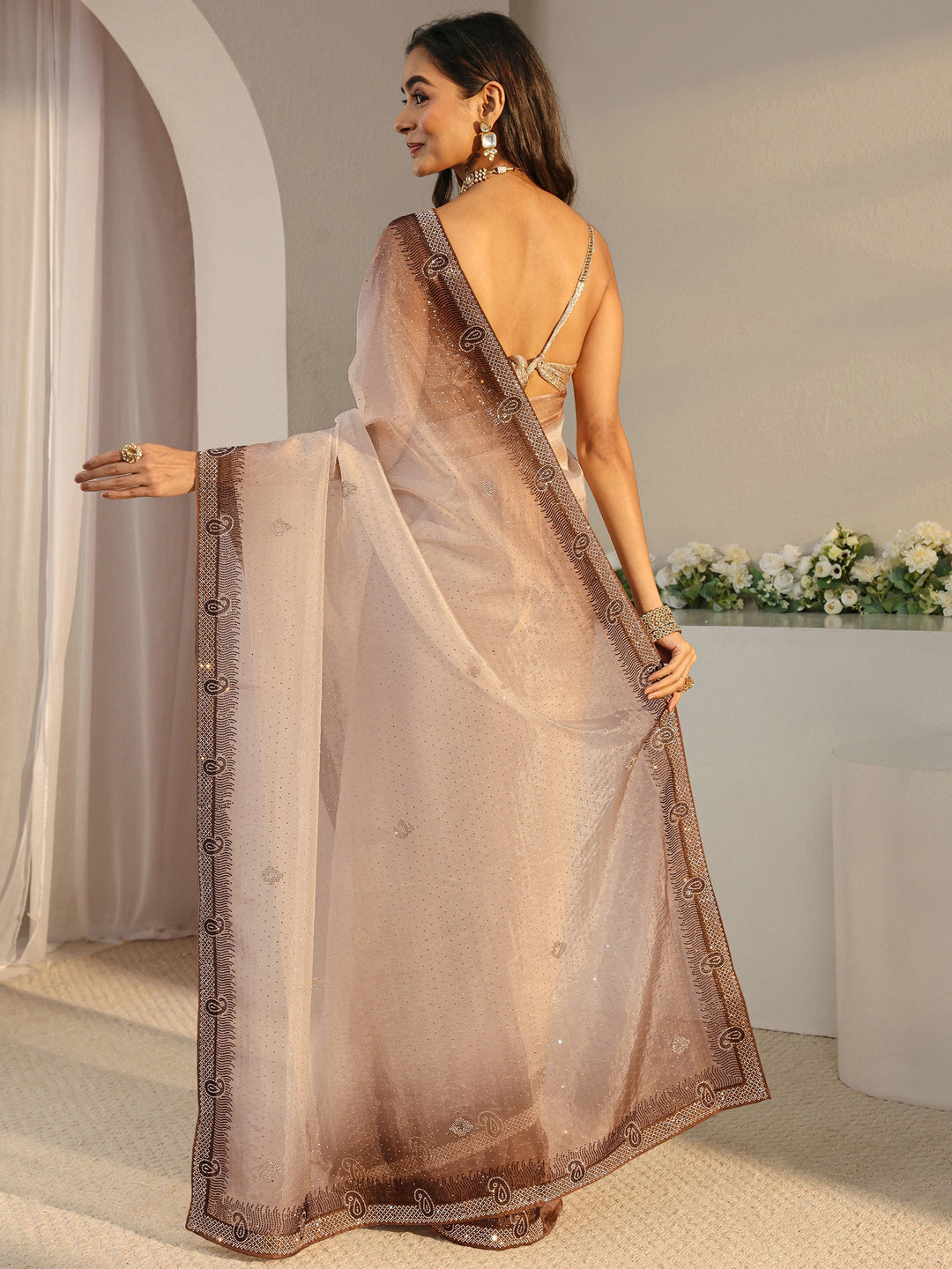  Libas Art Taupe Paisley Embellished Tissue Saree With Unstitched Blouse Piece 