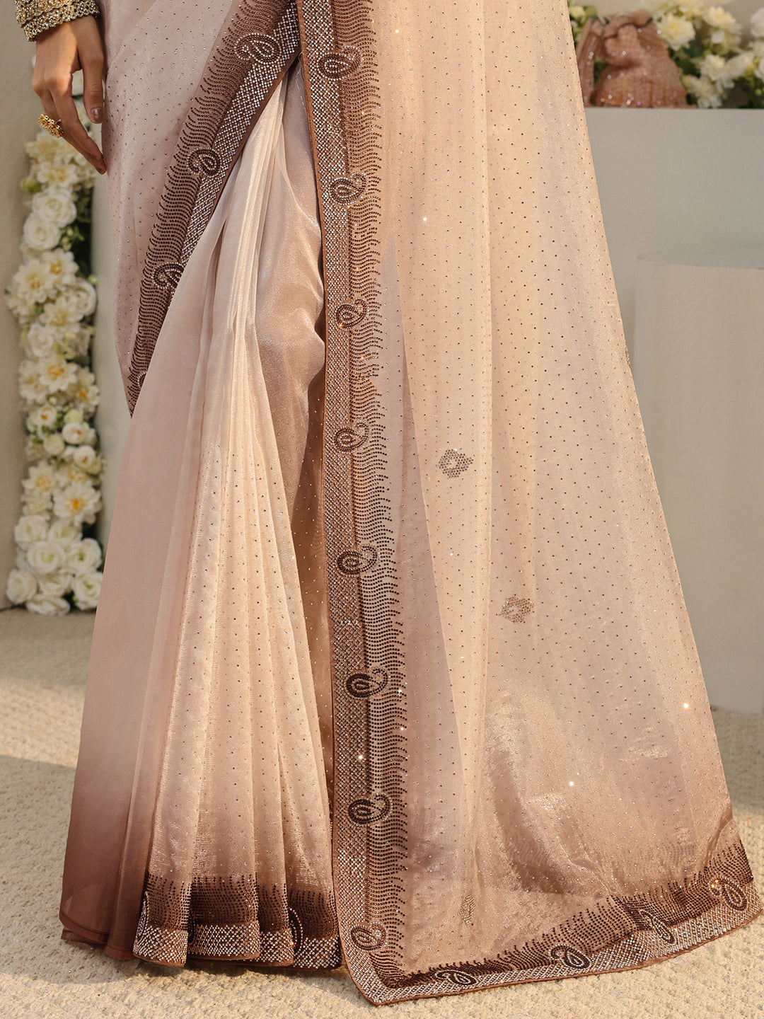  Libas Art Taupe Paisley Embellished Tissue Saree With Unstitched Blouse Piece 