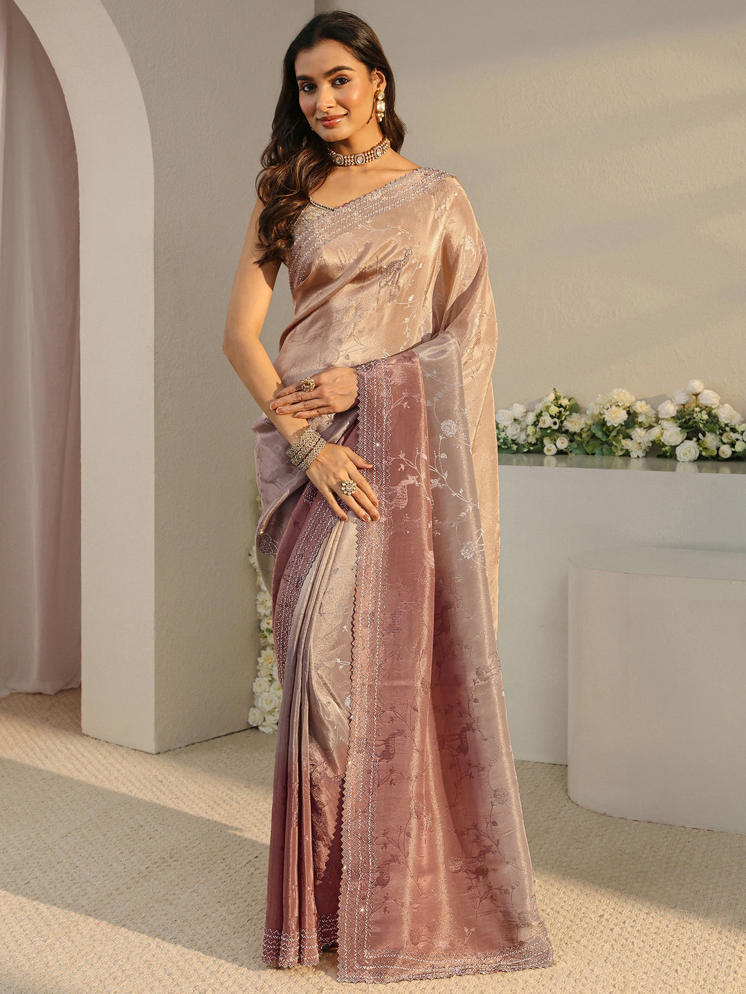  Libas Art Beige Floral Woven Design Ombre Satin Saree With Unstitched Blouse Piece 