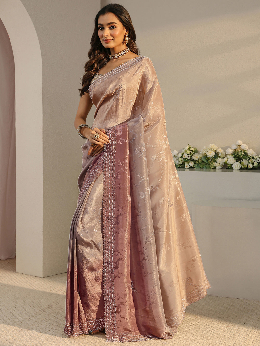  Libas Art Beige Floral Woven Design Ombre Satin Saree With Unstitched Blouse Piece 