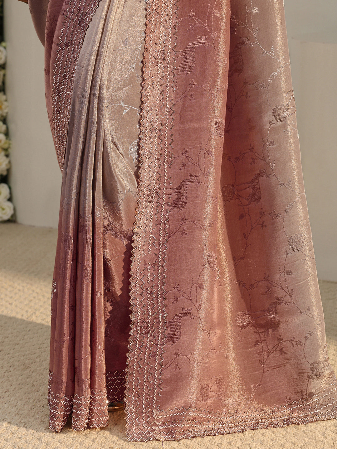  Libas Art Beige Floral Woven Design Ombre Satin Saree With Unstitched Blouse Piece 