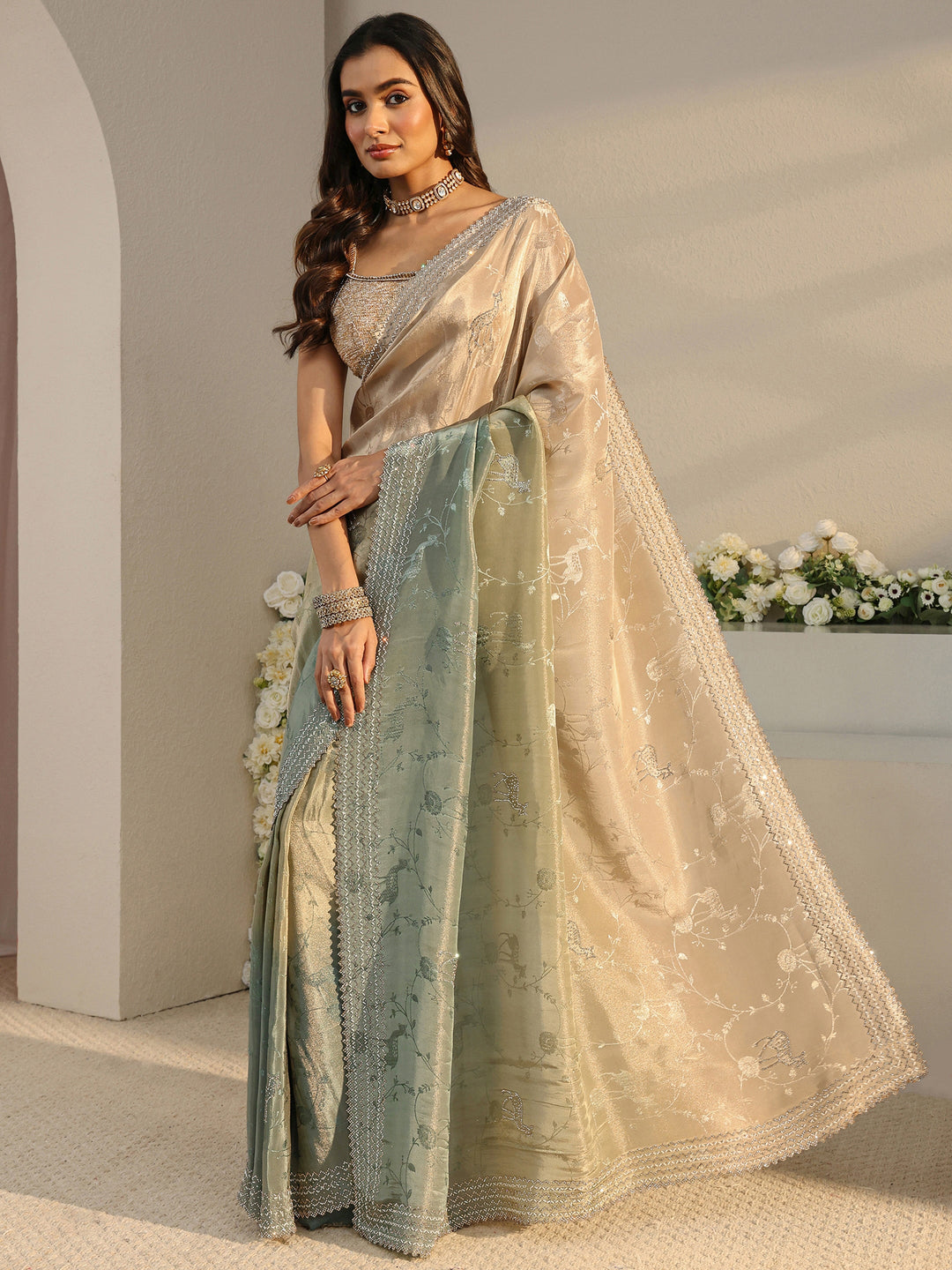  Libas Art Green Floral Woven Design Ombre Satin Saree With Unstitched Blouse Piece 