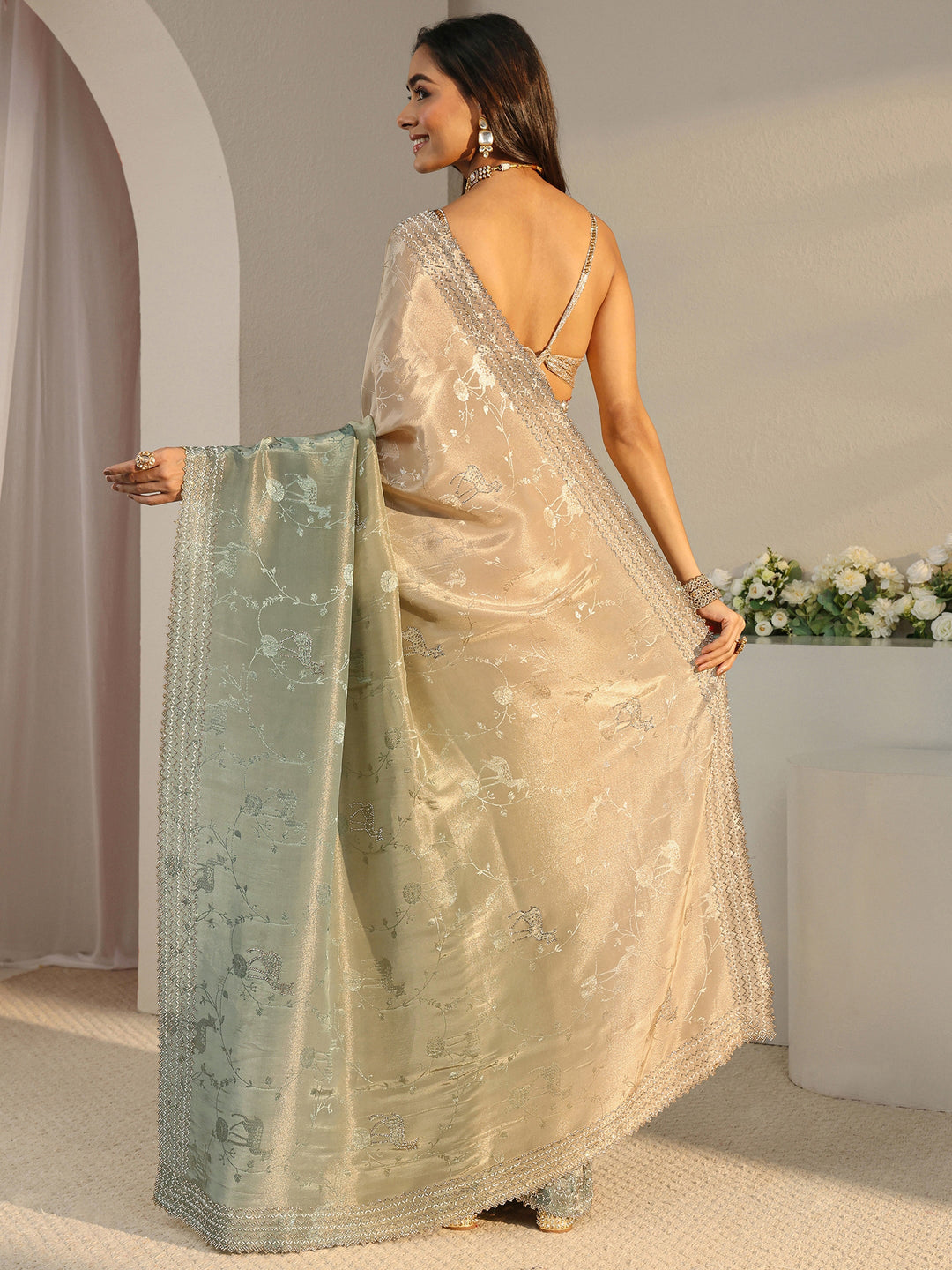  Libas Art Green Floral Woven Design Ombre Satin Saree With Unstitched Blouse Piece 