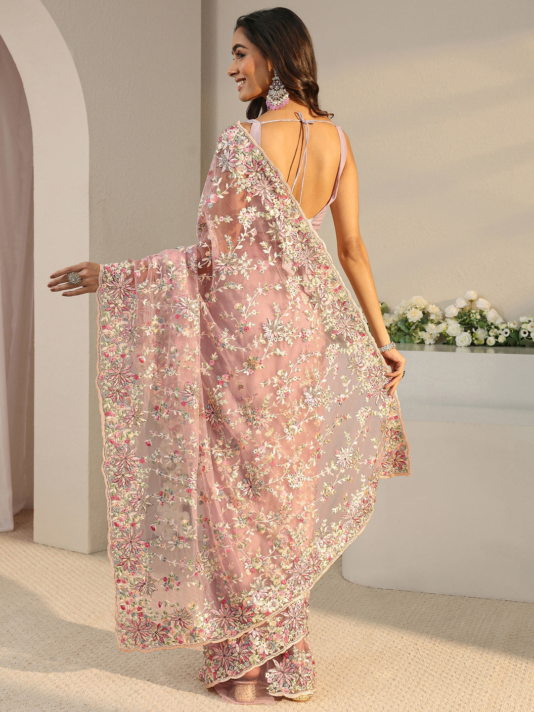  Libas Art Pink Floral Embroidered Net Saree With Unstitched Blouse Piece 