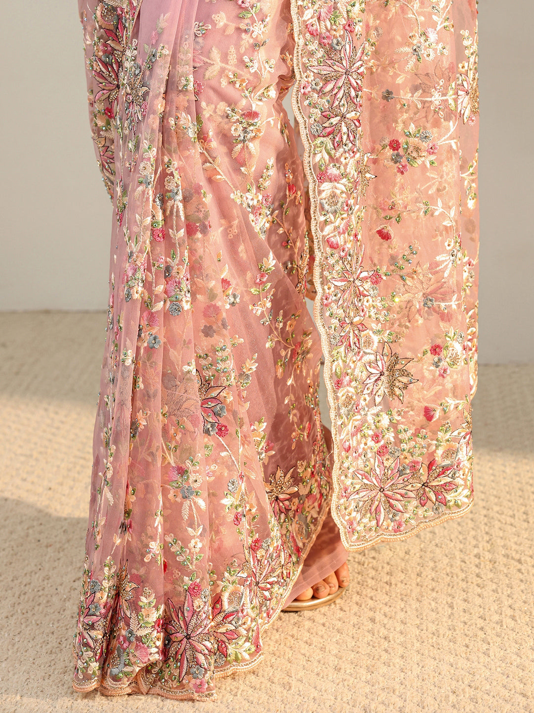  Libas Art Pink Floral Embroidered Net Saree With Unstitched Blouse Piece 