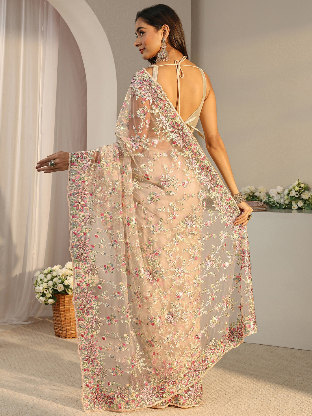  Libas Art Ivory Floral Embroidered Net Saree With Unstitched Blouse Piece 