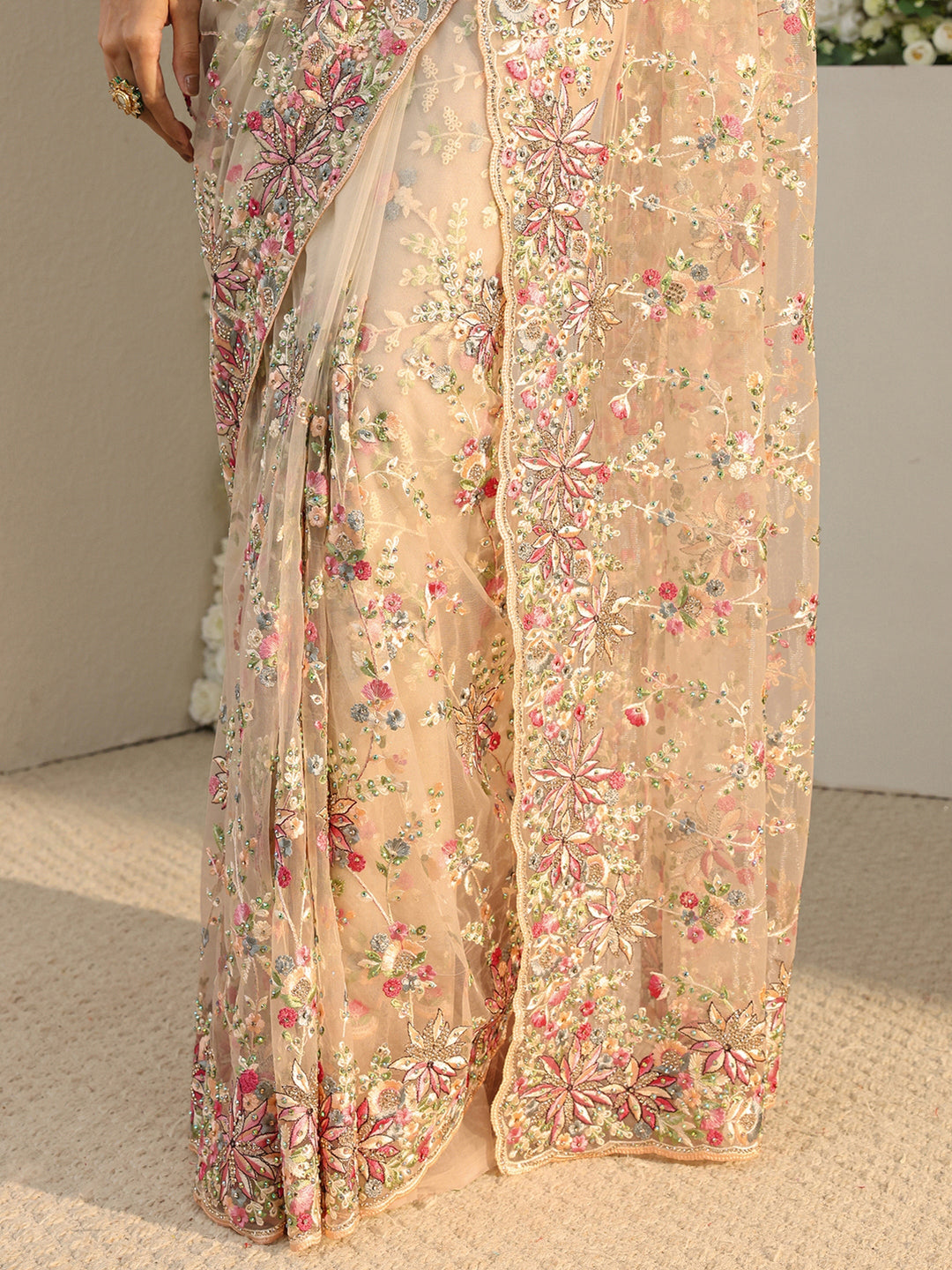  Libas Art Ivory Floral Embroidered Net Saree With Unstitched Blouse Piece 