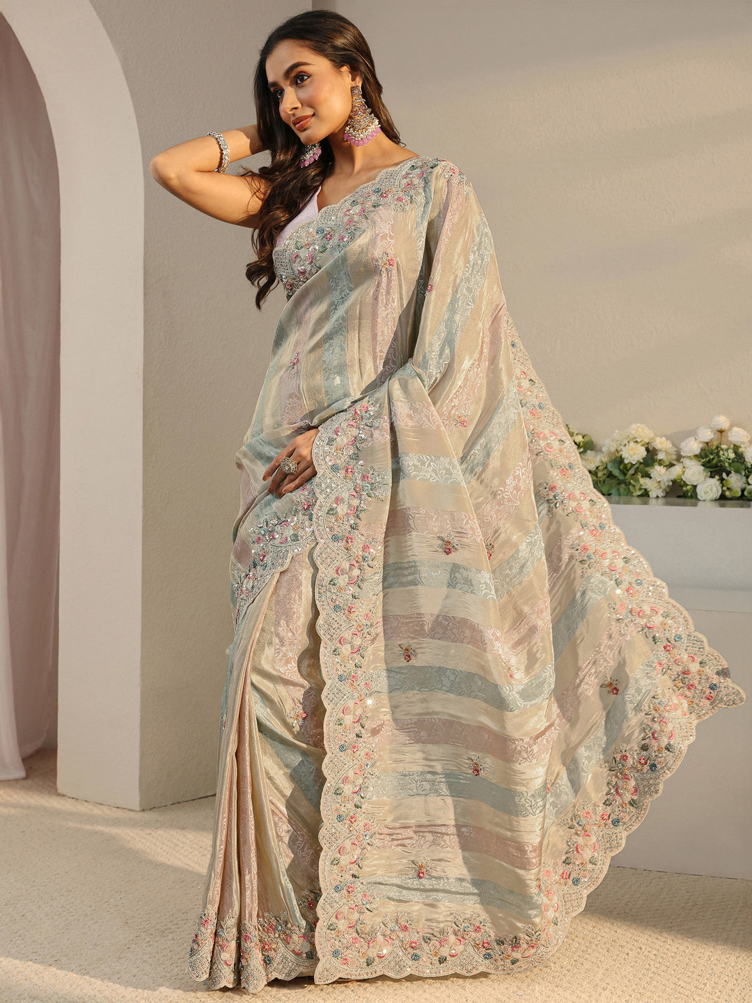  Libas Art Multi Floral Embroidered Tissue Saree With Unstitched Blouse Piece 