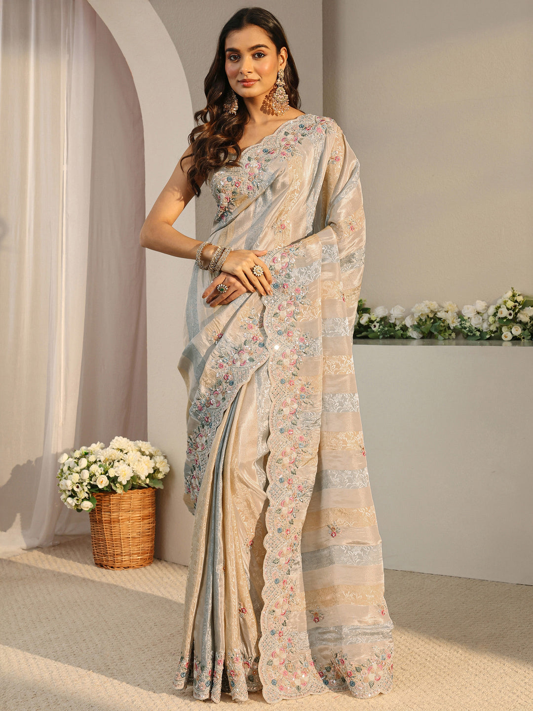 Libas Art Multi Floral Embroidered Tissue Saree With Unstitched Blouse Piece