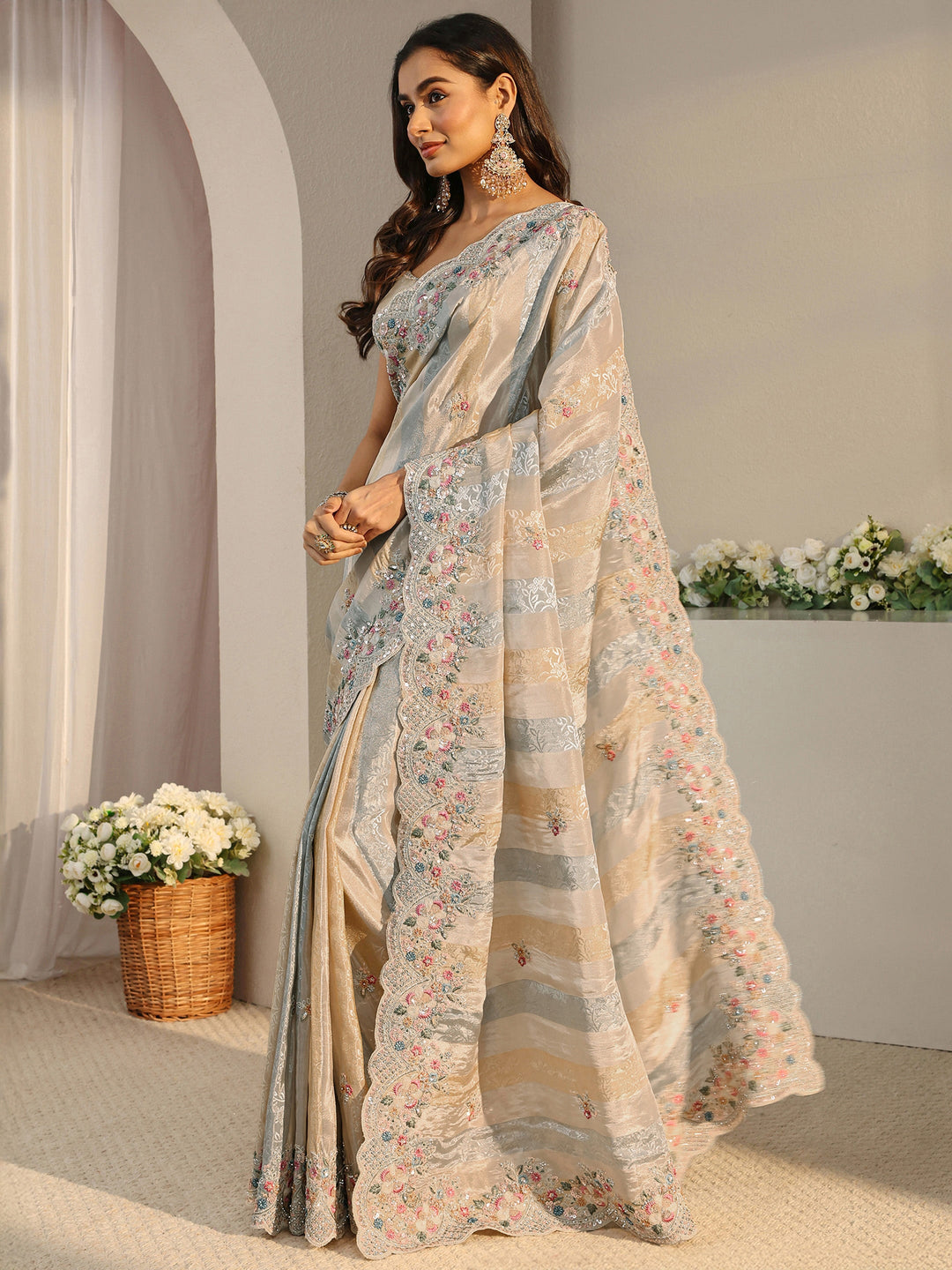  Libas Art Multi Floral Embroidered Tissue Saree With Unstitched Blouse Piece 