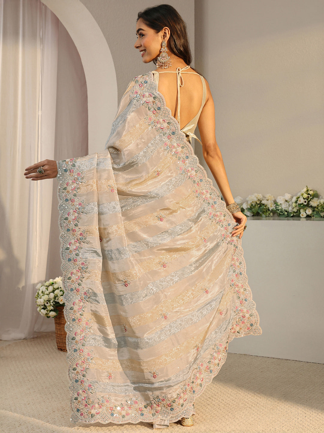  Libas Art Multi Floral Embroidered Tissue Saree With Unstitched Blouse Piece 