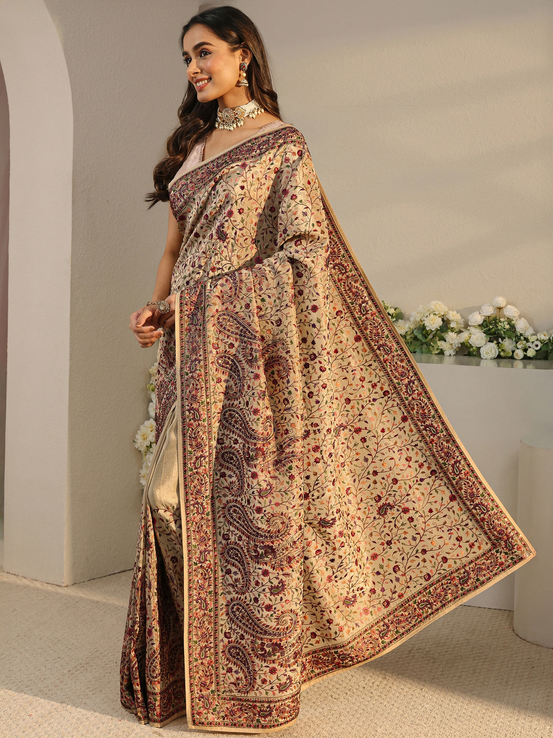  Libas Art Beige Floral Embroidered Satin Saree With Unstitched Blouse Piece 