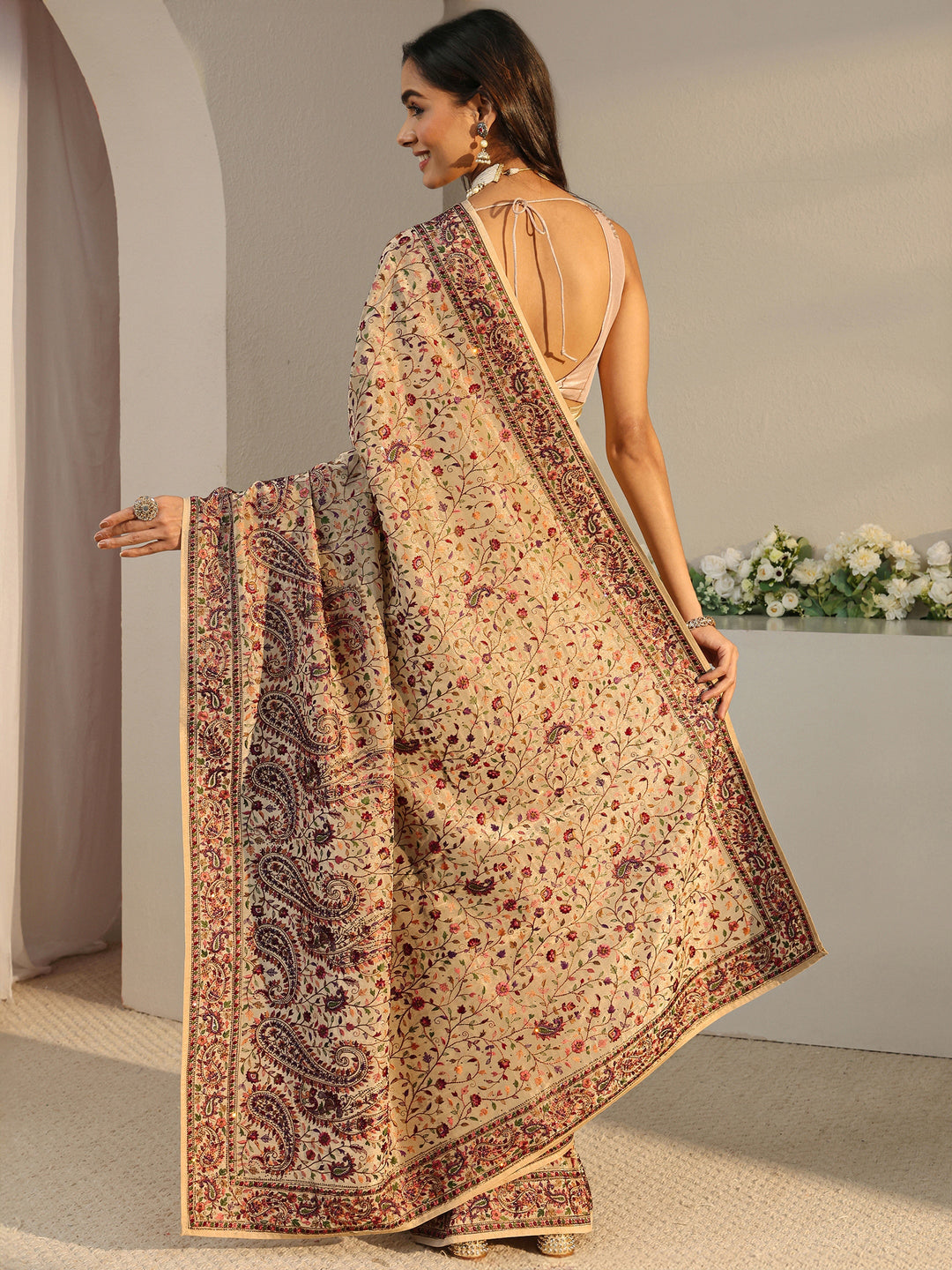  Libas Art Beige Floral Embroidered Satin Saree With Unstitched Blouse Piece 