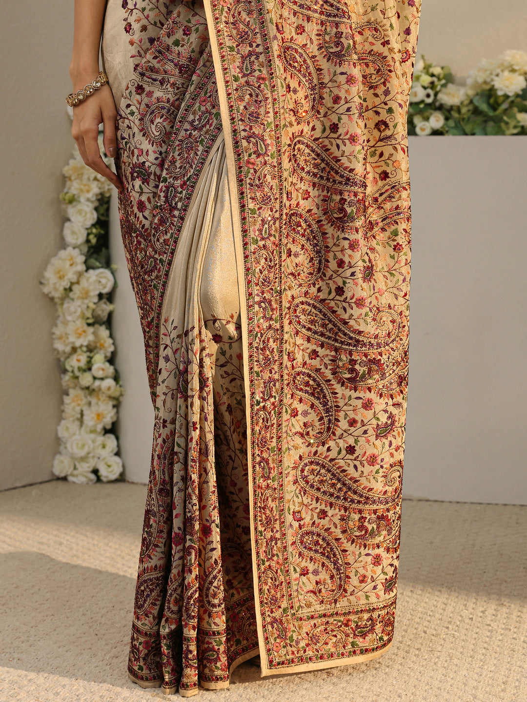  Libas Art Beige Floral Embroidered Satin Saree With Unstitched Blouse Piece 