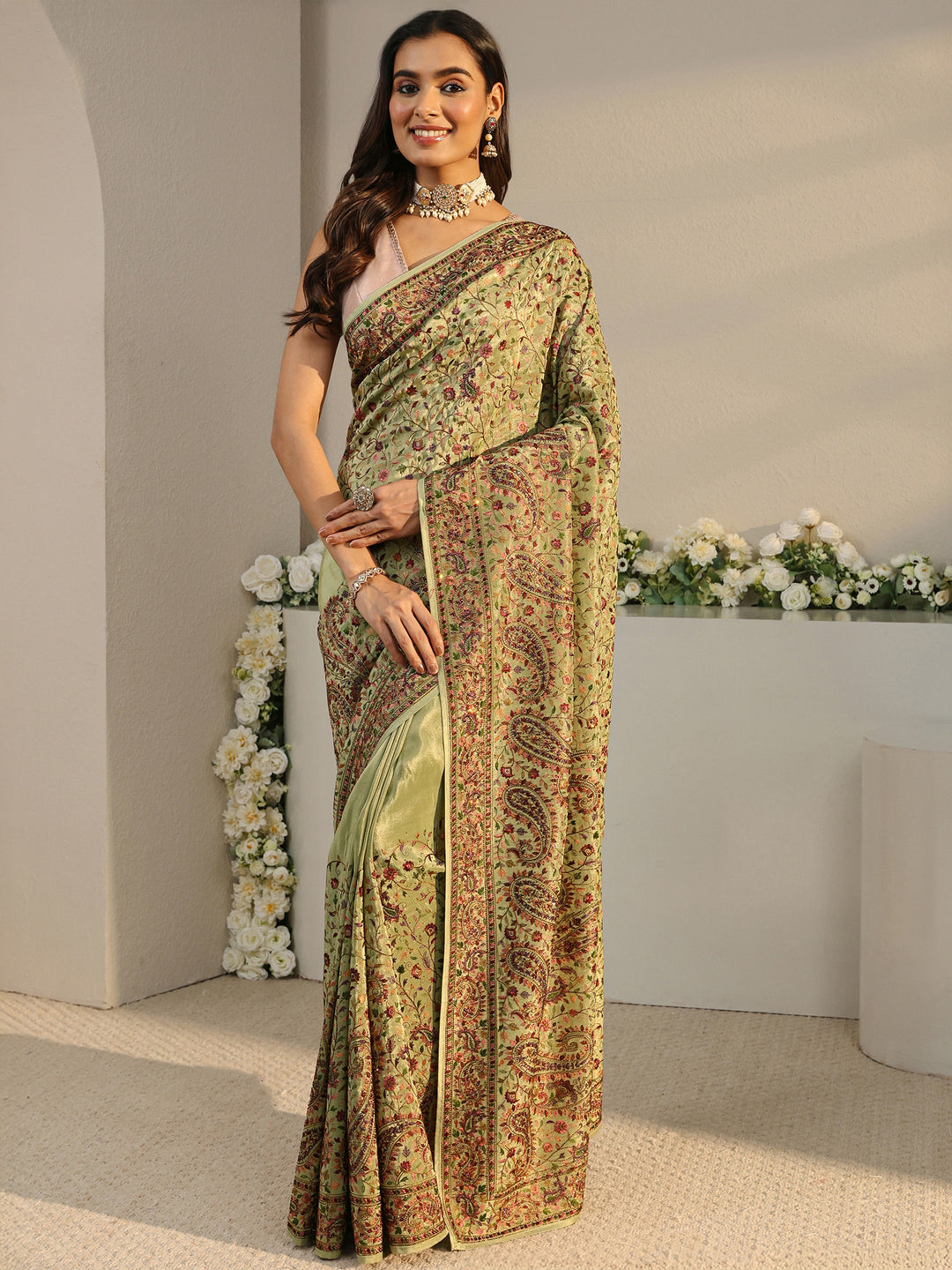  Libas Art Green Floral Embroidered Satin Saree With Unstitched Blouse Piece 