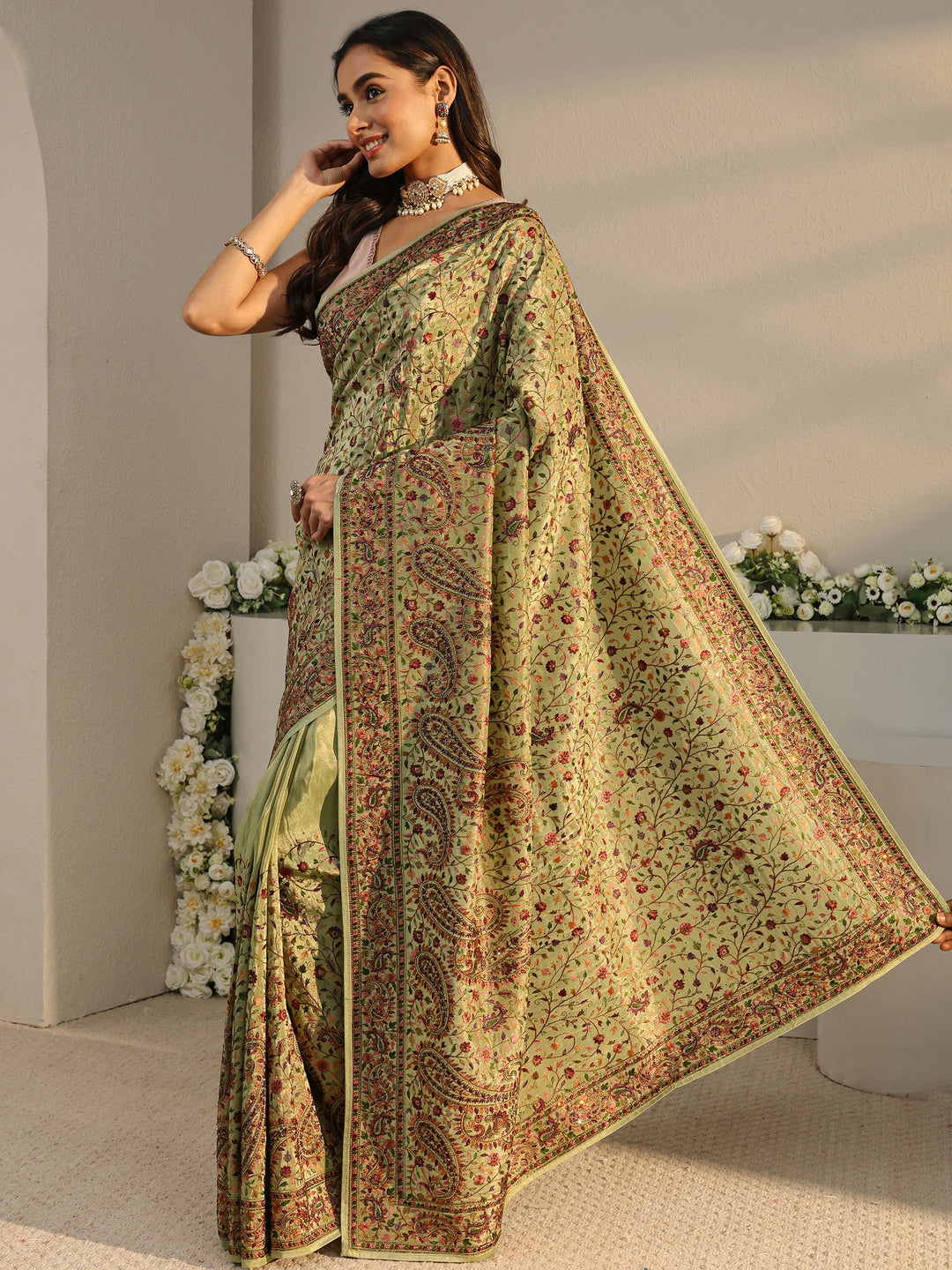  Libas Art Green Floral Embroidered Satin Saree With Unstitched Blouse Piece 