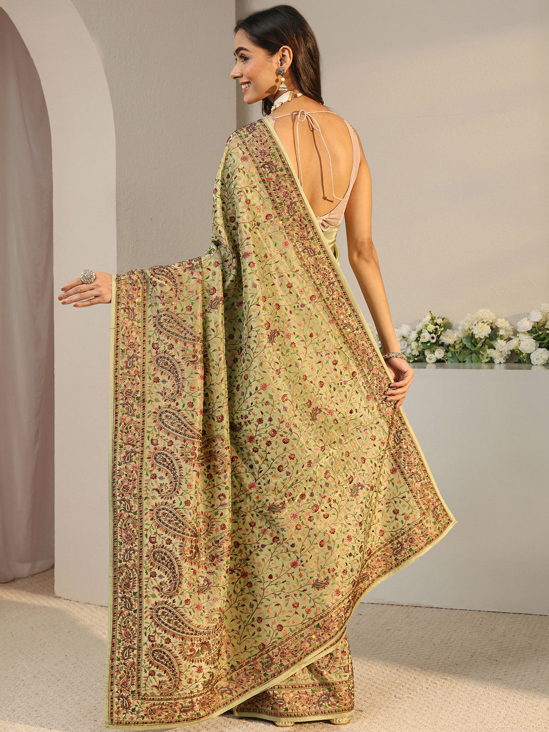  Libas Art Green Floral Embroidered Satin Saree With Unstitched Blouse Piece 