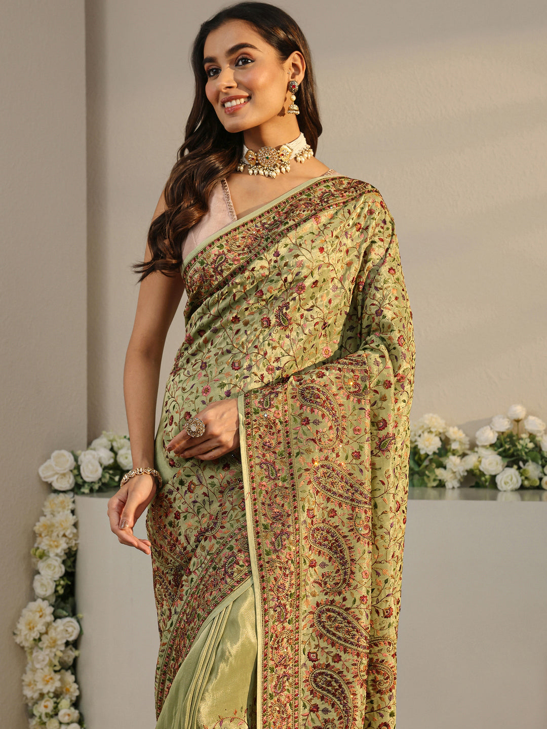  Libas Art Green Floral Embroidered Satin Saree With Unstitched Blouse Piece 