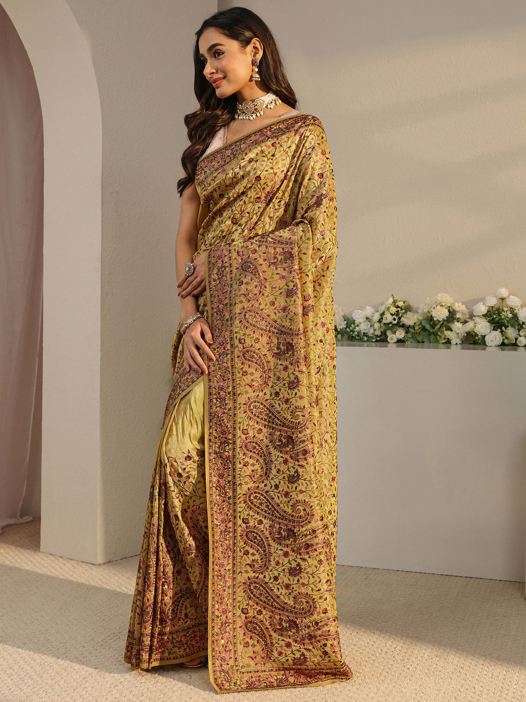  Libas Art Green Floral Embroidered Satin Saree With Unstitched Blouse Piece 
