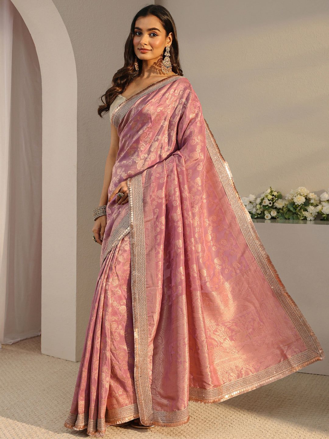  Libas Art Pink Floral Woven Design Silk Blend Saree With Unstitched Blouse Piece 