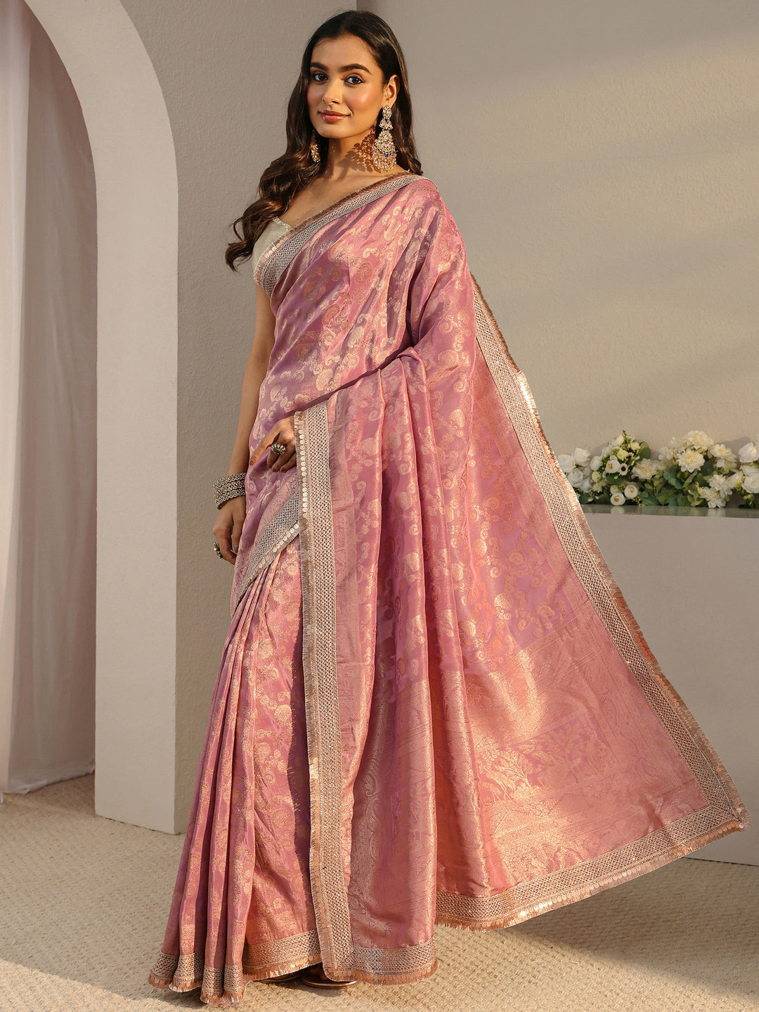  Libas Art Pink Floral Woven Design Silk Blend Saree With Unstitched Blouse Piece 