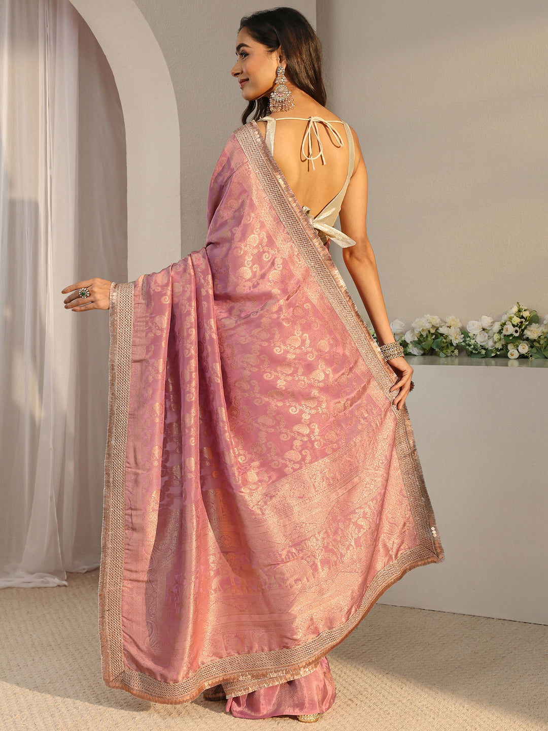  Libas Art Pink Floral Woven Design Silk Blend Saree With Unstitched Blouse Piece 