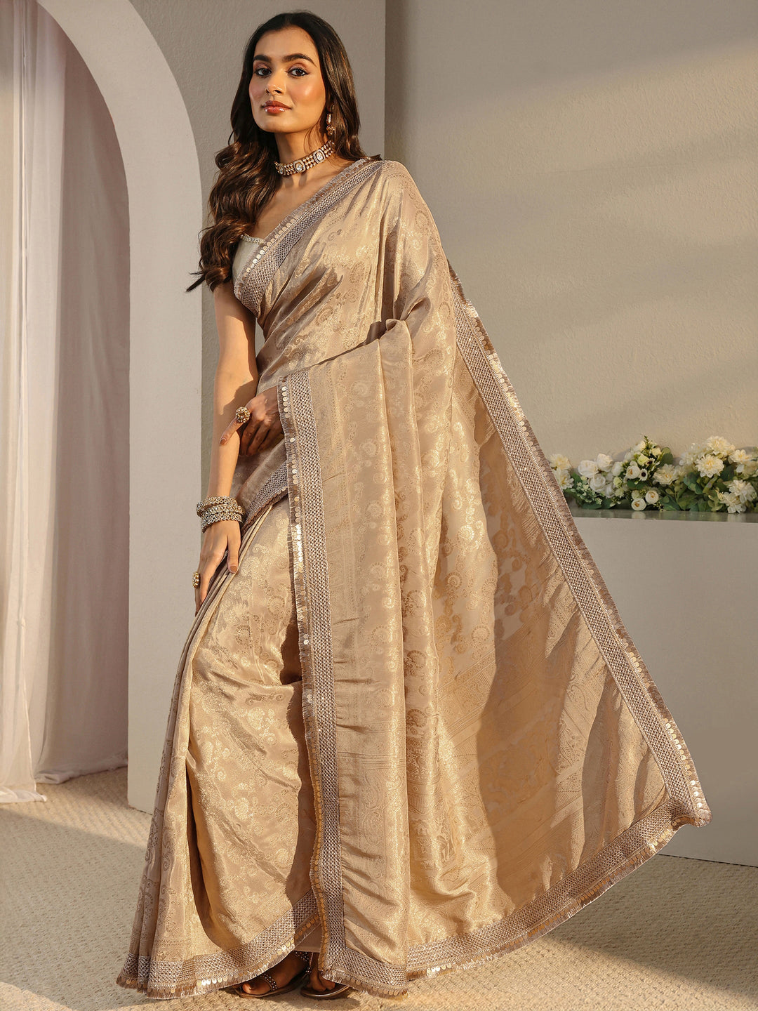  Libas Art Gold Floral Woven Design Silk Blend Saree With Unstitched Blouse Piece 