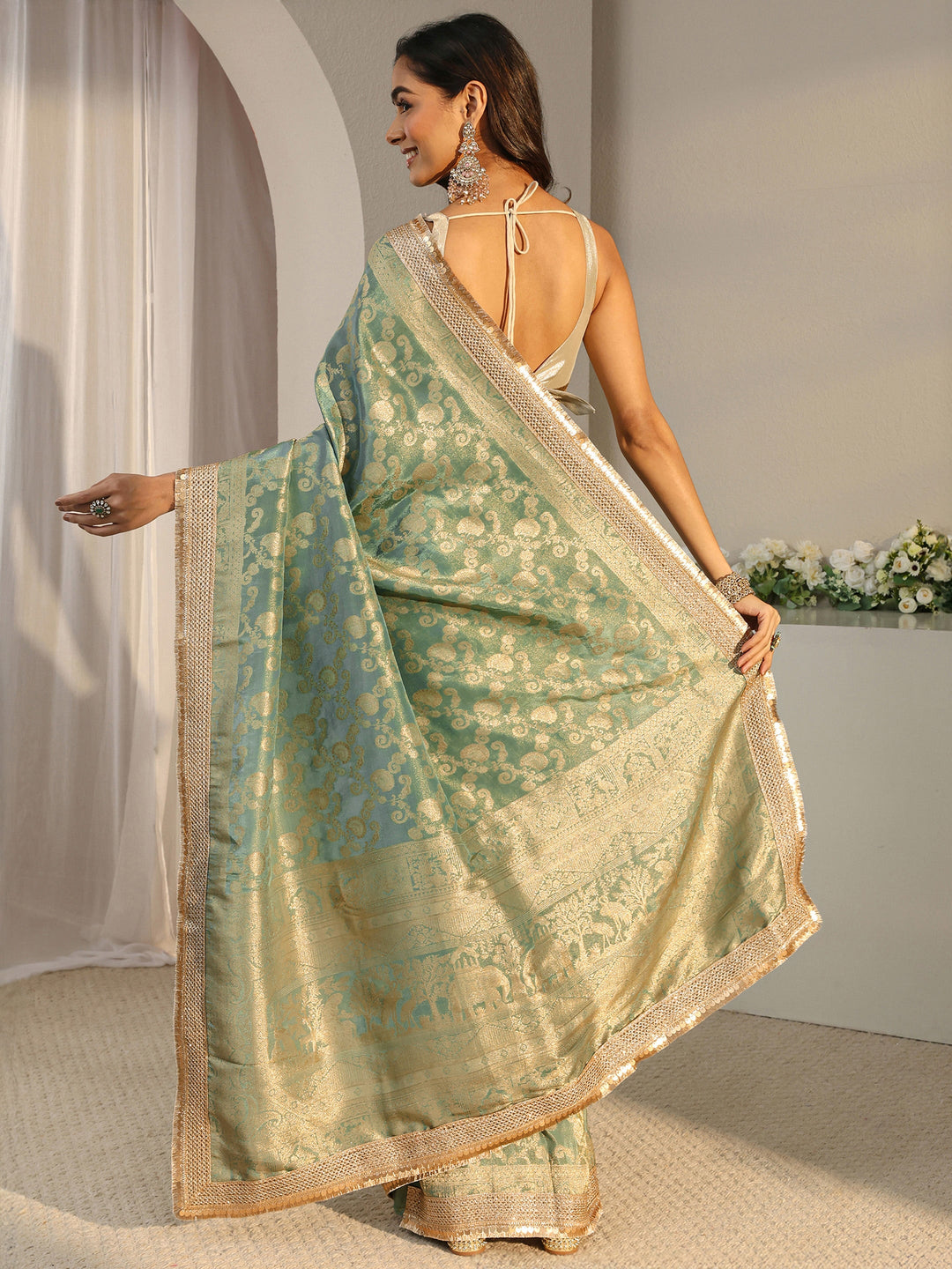  Libas Art Green Floral Woven Design Silk Blend Saree With Unstitched Blouse Piece 