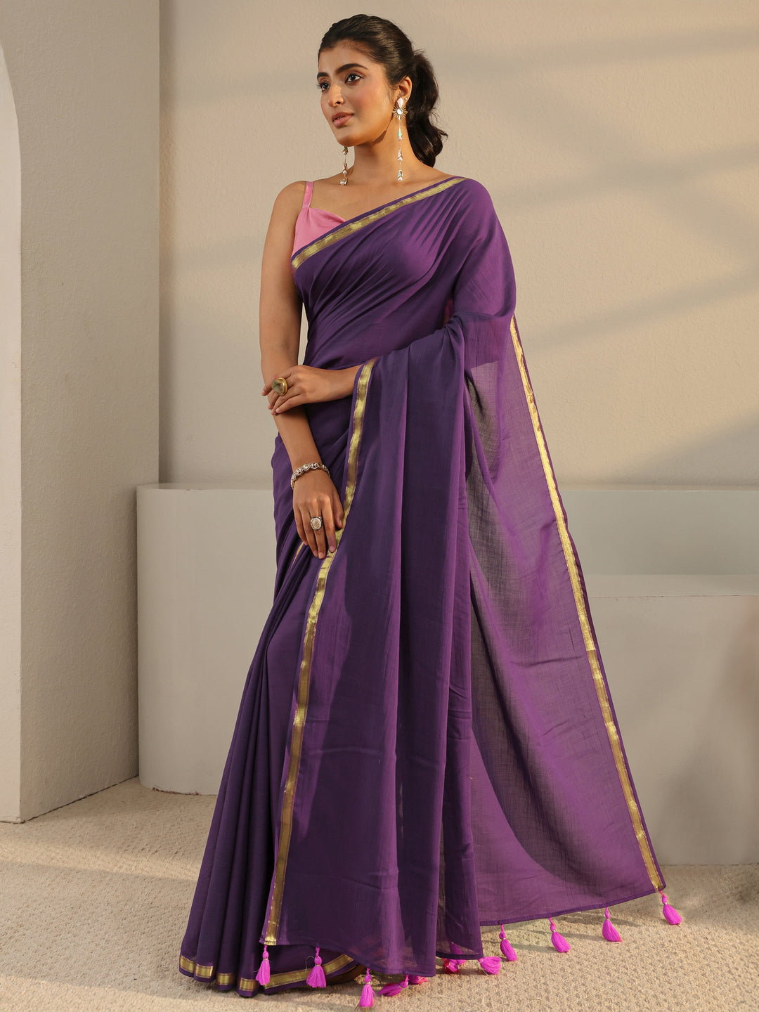  Purple Solid Cotton Tassel Saree With Unstitched Blouse Piece 