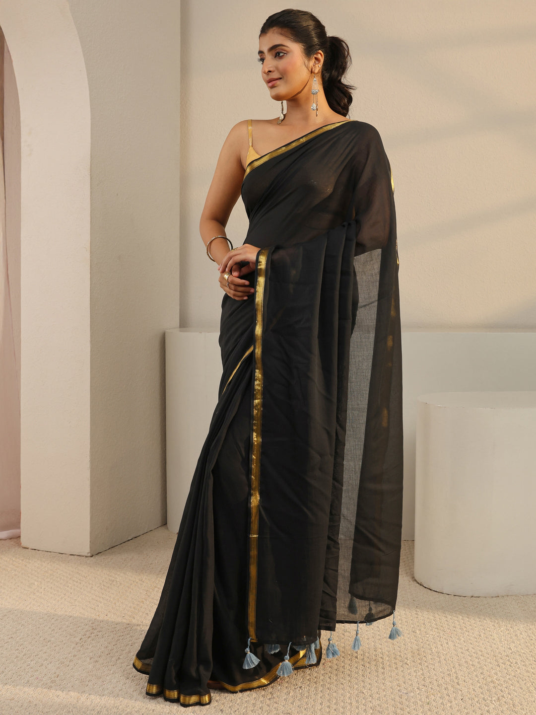 Black Solid Cotton Tassel Saree With Unstitched Blouse Piece 