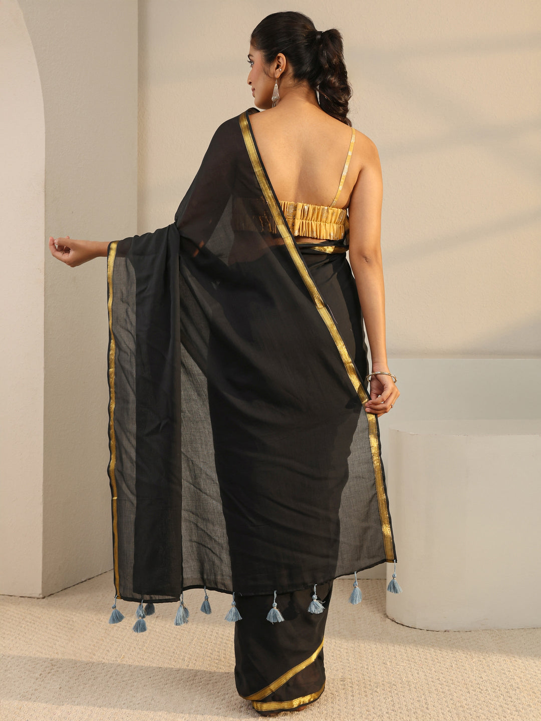  Black Solid Cotton Tassel Saree With Unstitched Blouse Piece 