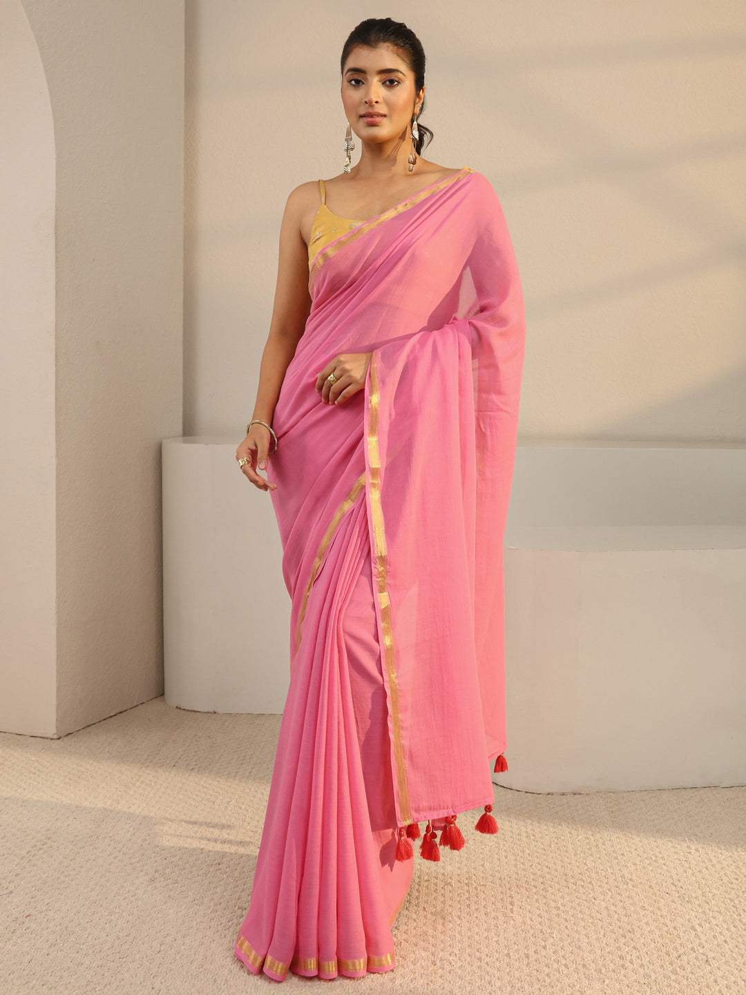  Pink Solid Cotton Tassel Saree With Unstitched Blouse Piece 