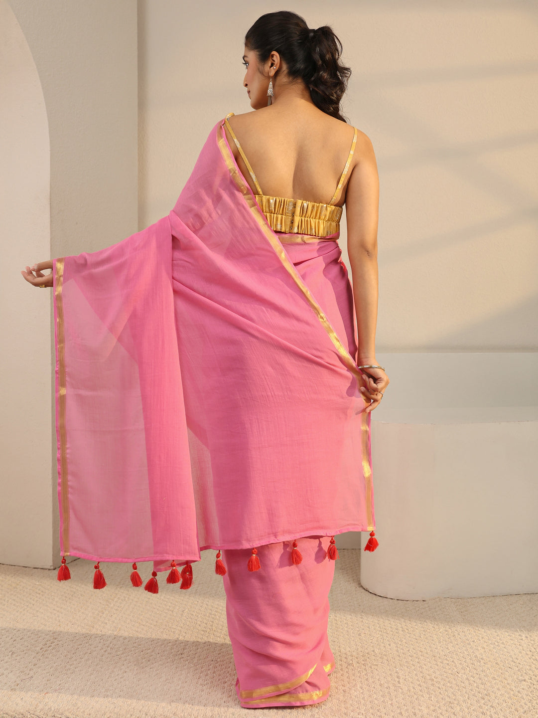  Pink Solid Cotton Tassel Saree With Unstitched Blouse Piece 
