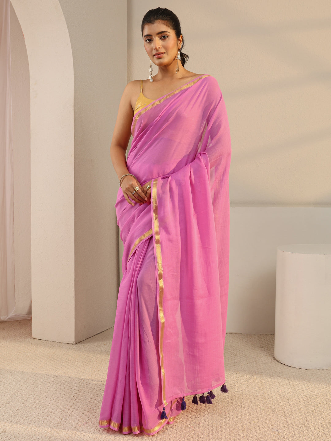  Pink Solid Cotton Tassel Saree 