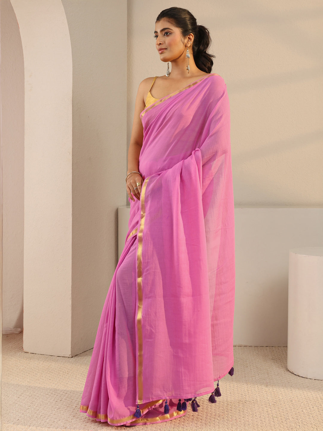 Pink Solid Cotton Tassel Saree 