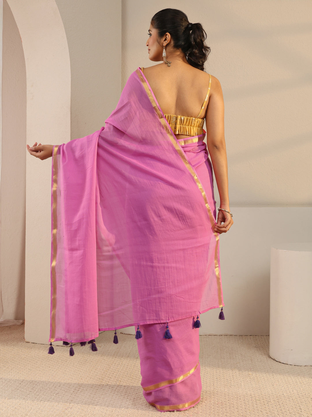  Pink Solid Cotton Tassel Saree 