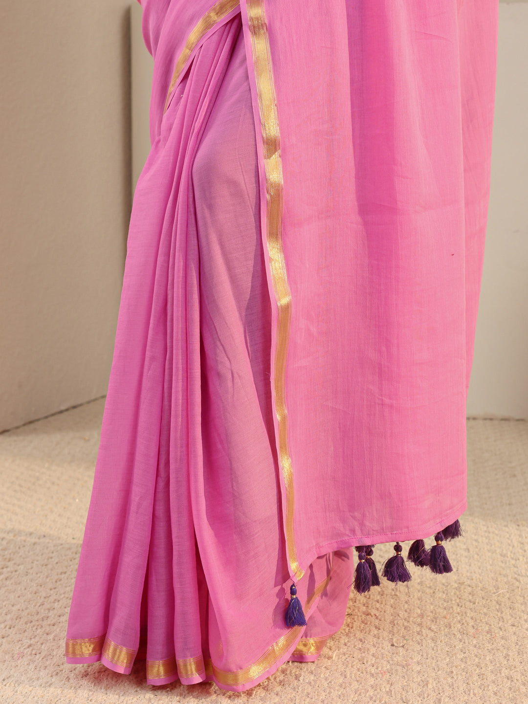  Pink Solid Cotton Tassel Saree 
