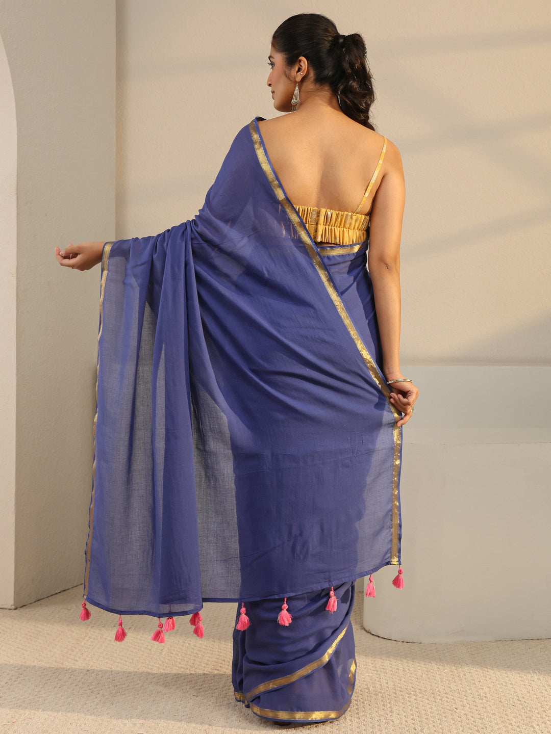 Blue Solid Cotton Tassel Saree With Unstitched Blouse Piece 
