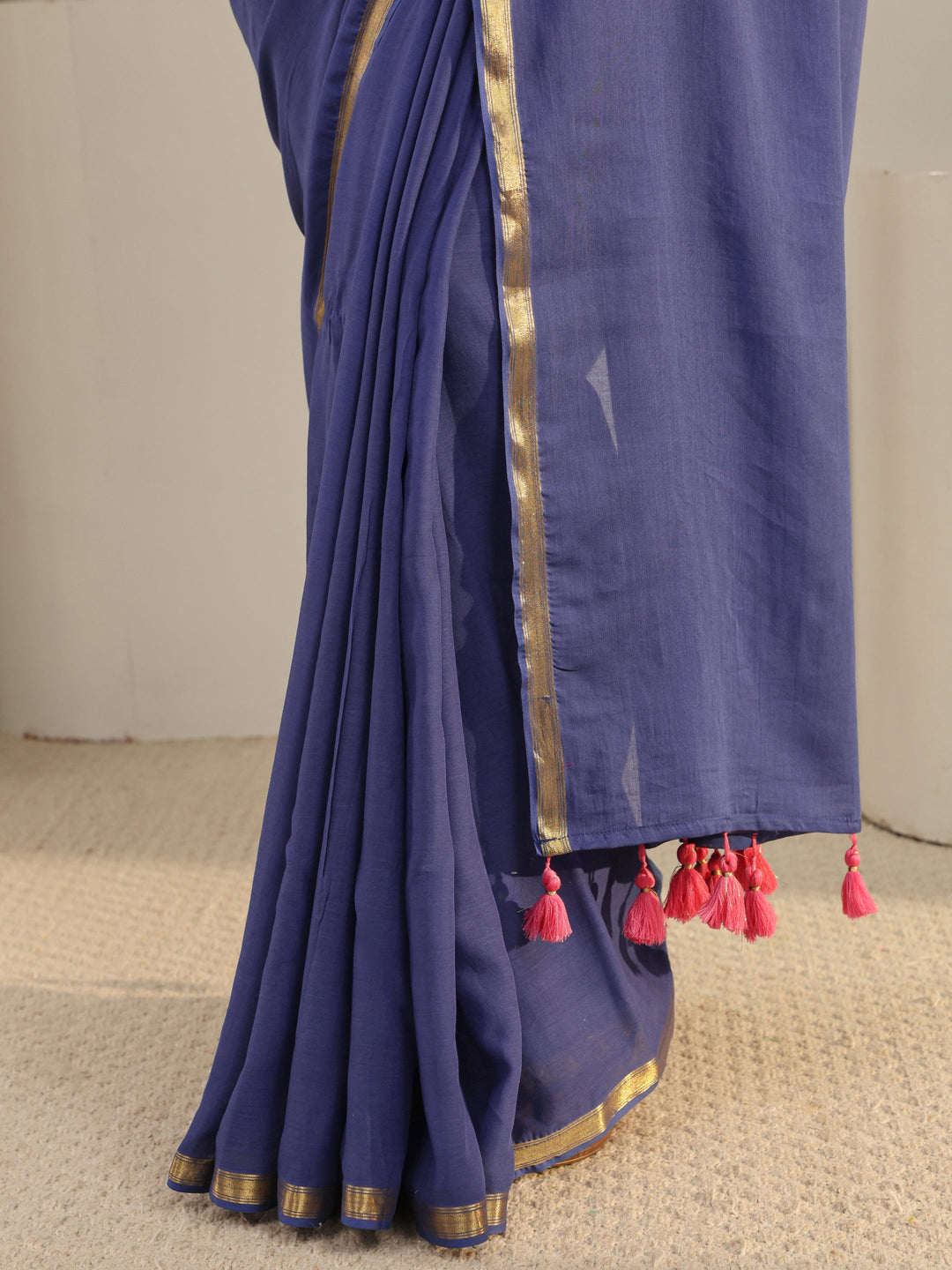  Blue Solid Cotton Tassel Saree With Unstitched Blouse Piece 