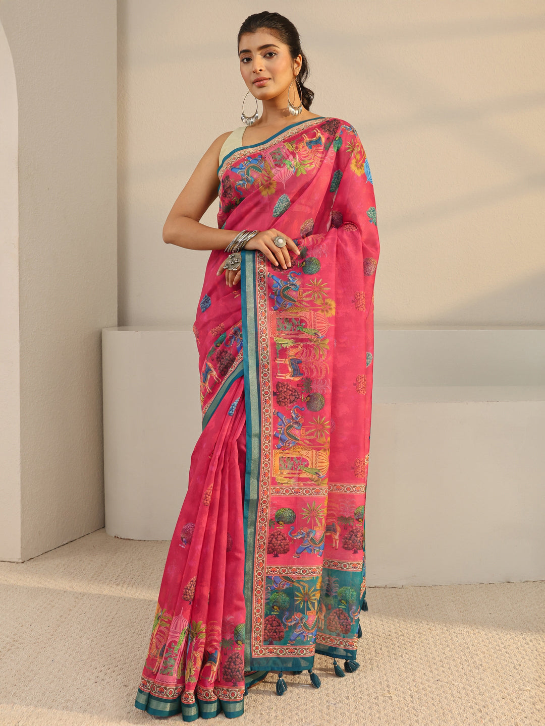  Pink Tribal Printed Silk Blend Tassel Saree With Unstitched Blouse Piece 