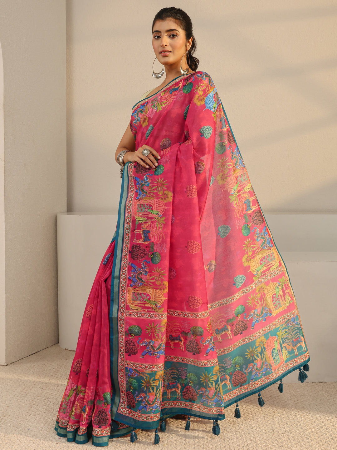  Pink Tribal Printed Silk Blend Tassel Saree With Unstitched Blouse Piece 