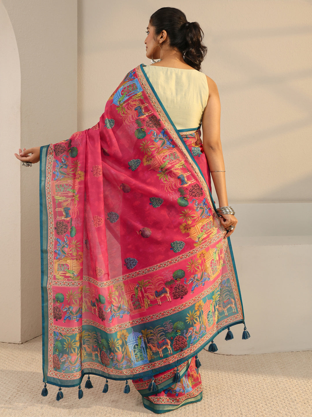  Pink Tribal Printed Silk Blend Tassel Saree With Unstitched Blouse Piece 