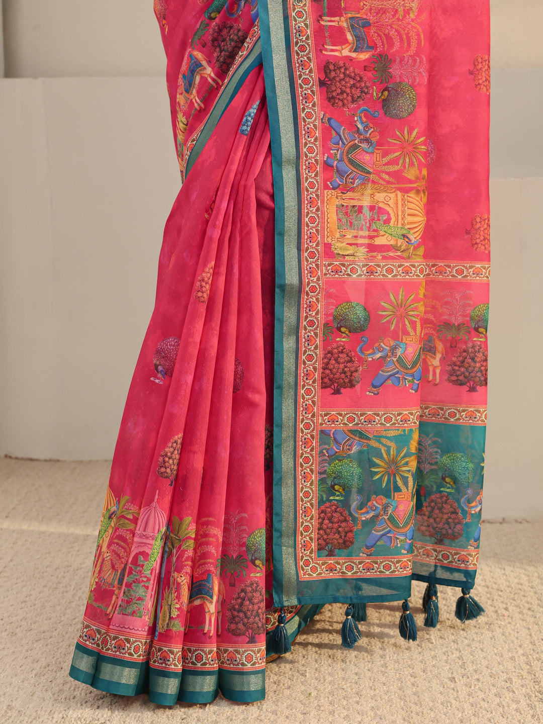  Pink Tribal Printed Silk Blend Tassel Saree With Unstitched Blouse Piece 