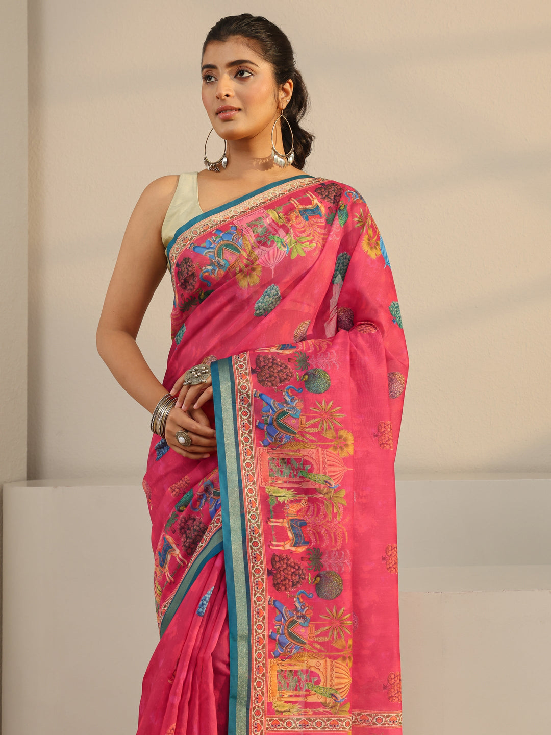  Pink Tribal Printed Silk Blend Tassel Saree With Unstitched Blouse Piece 
