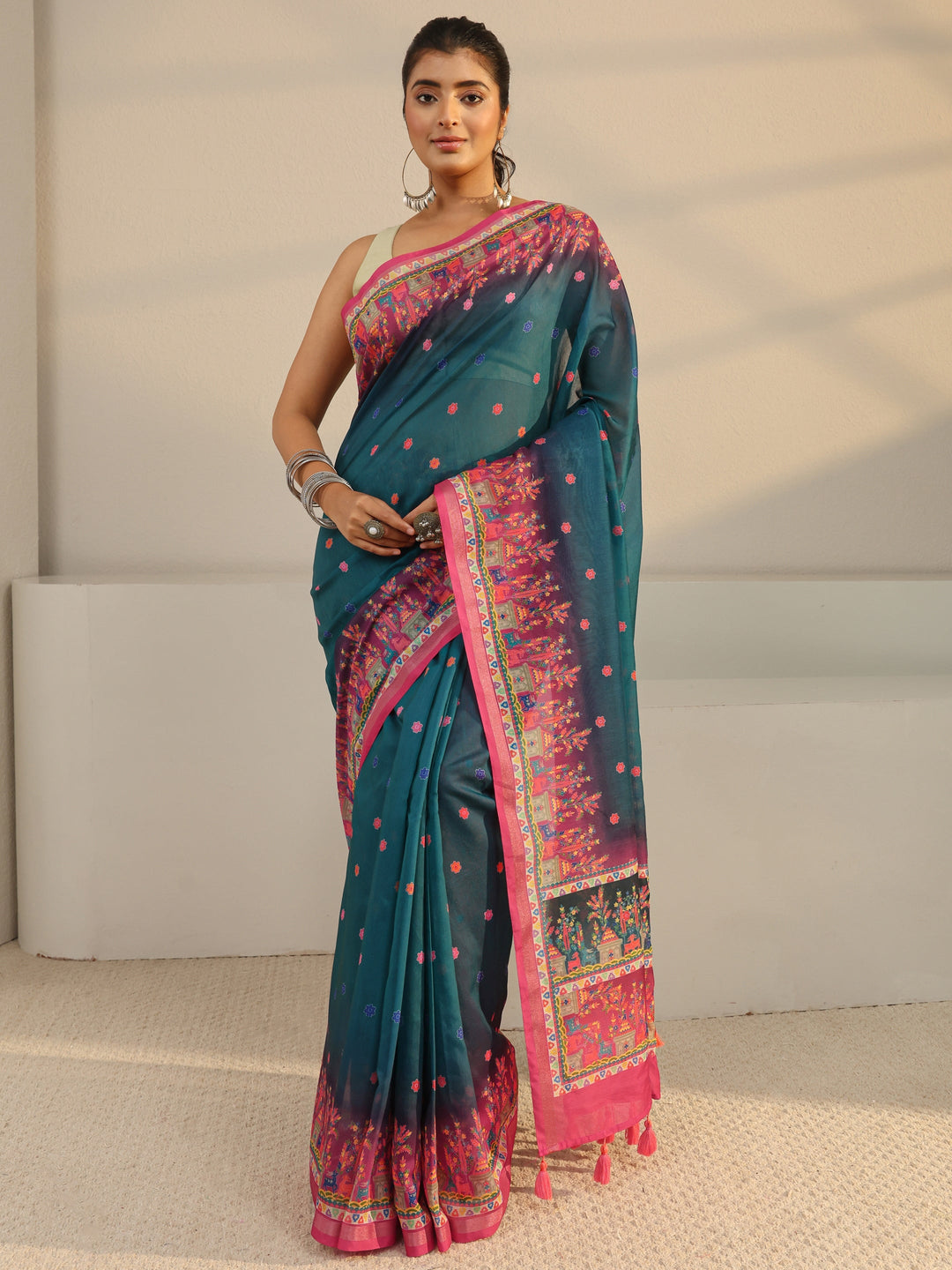  Blue Floral Printed Silk Blend Tassel Saree With Unstitched Blouse Piece 