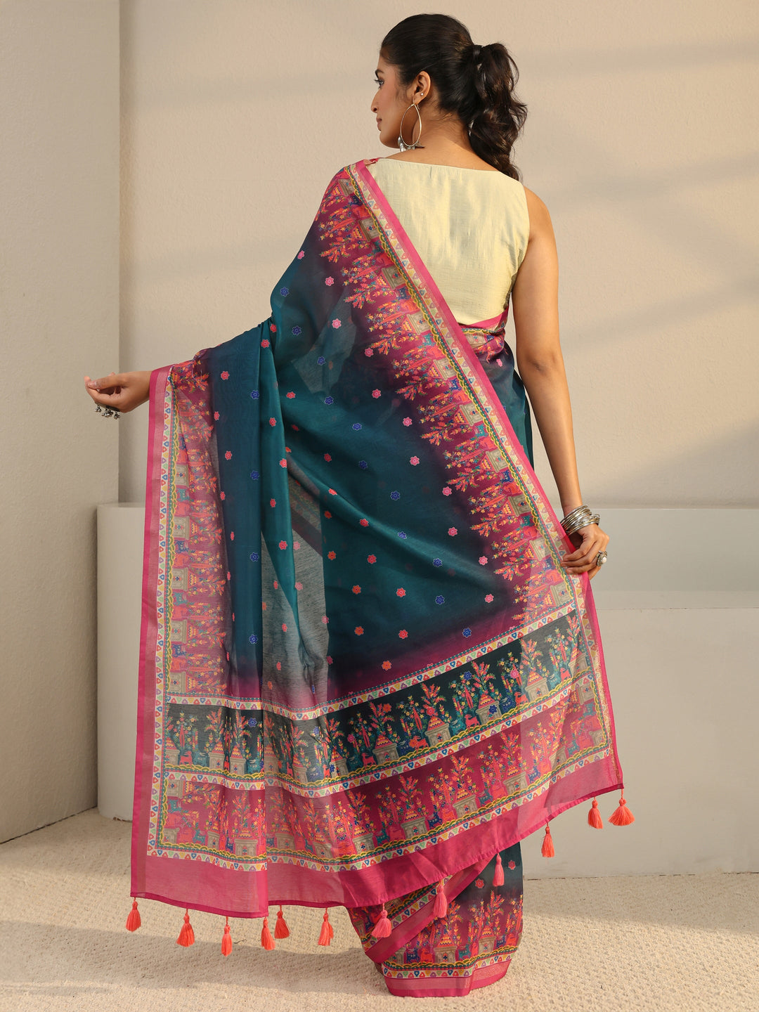  Blue Floral Printed Silk Blend Tassel Saree With Unstitched Blouse Piece 